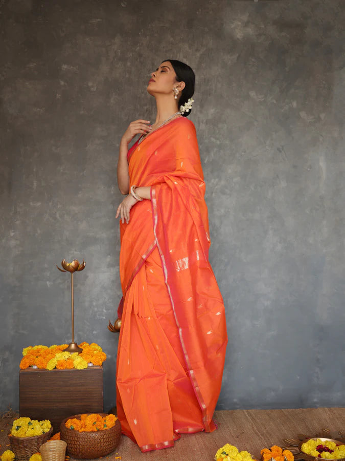 Ethnic Solid Orange Pure Cotton Silk Cotton (Handloom)