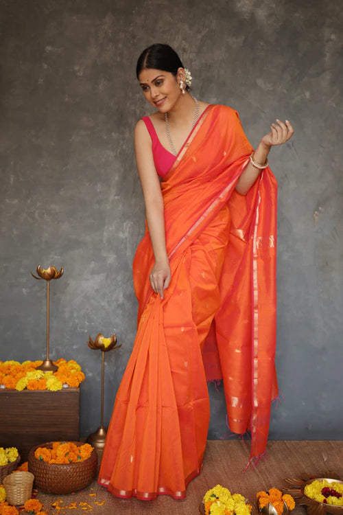 Ethnic Solid Orange Pure Cotton Silk Cotton (Handloom)