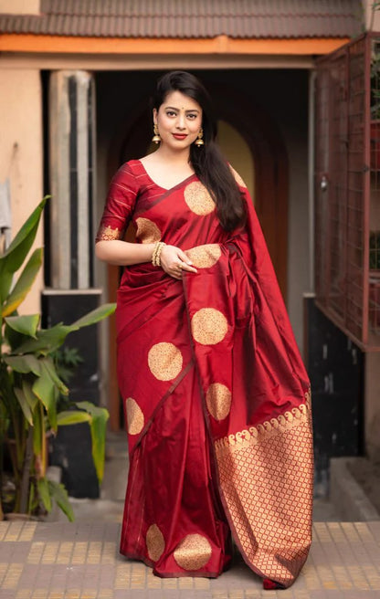 Ahiraa Red-Golden  Butta  Soft Silk Sari