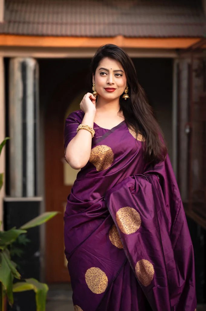 Ahiraa Purple-Golden  Butta  Soft Silk Sari