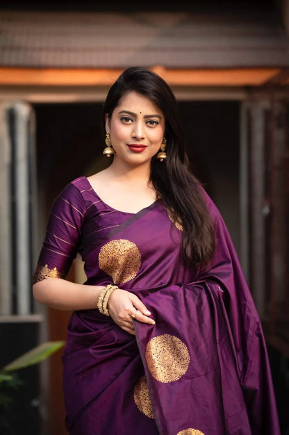 Ahiraa Purple-Golden  Butta  Soft Silk Sari