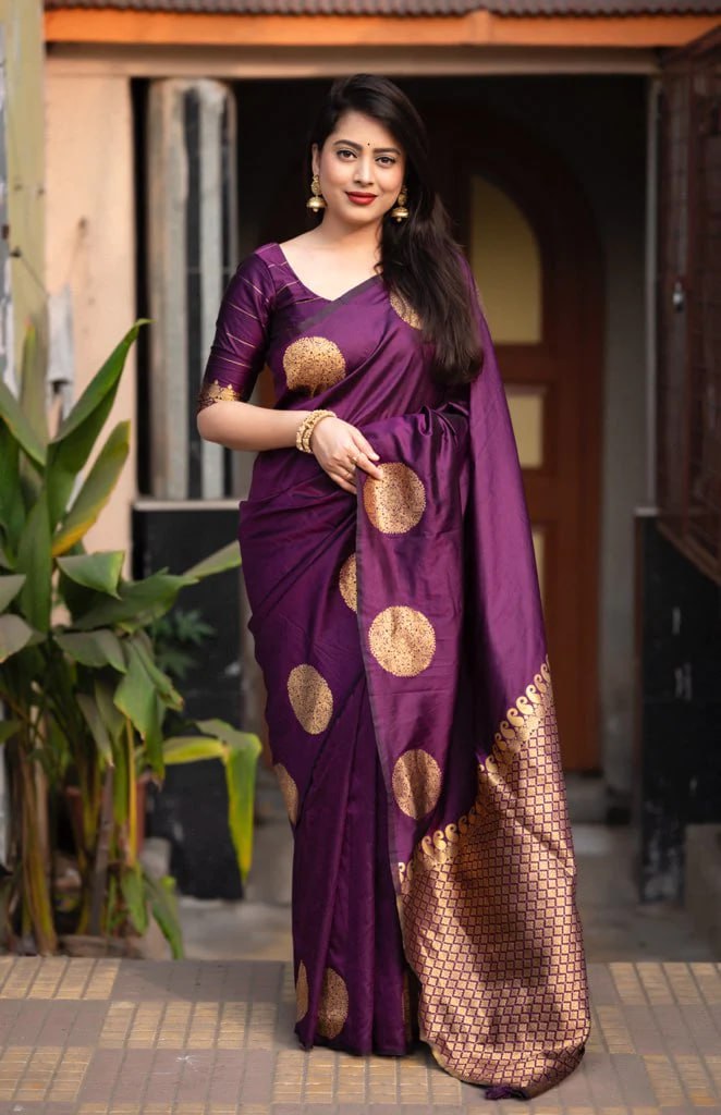 Ahiraa Purple-Golden  Butta  Soft Silk Sari