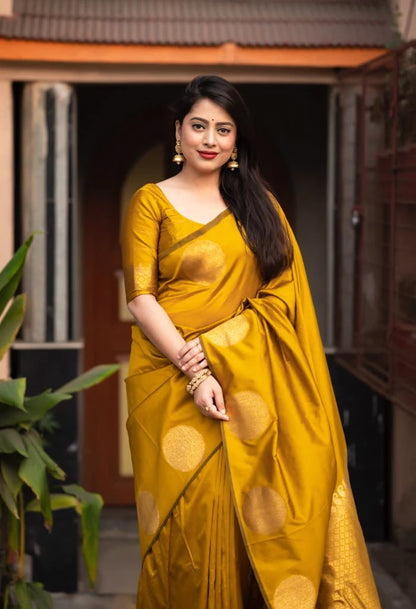 Ahiraa Yellow-Golden  Butta  Soft Silk Sari