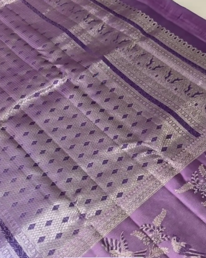 Lajvanti – Purple Kanchi Silk Saree with Silver Zari &amp; Bird Motif Weave