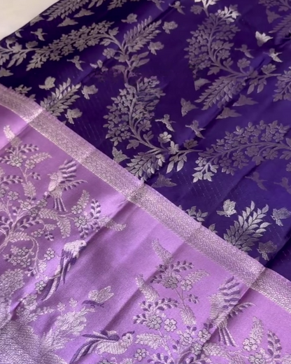 Lajvanti – Purple Kanchi Silk Saree with Silver Zari &amp; Bird Motif Weave