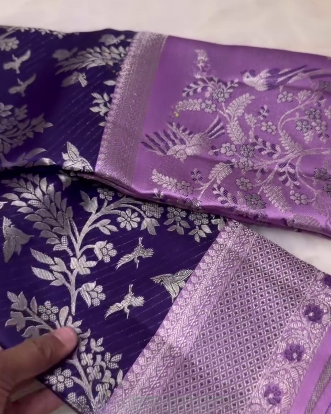 Lajvanti – Purple Kanchi Silk Saree with Silver Zari &amp; Bird Motif Weave