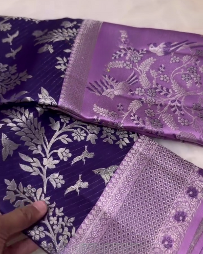 Lajvanti – Purple Kanchi Silk Saree with Silver Zari &amp; Bird Motif Weave