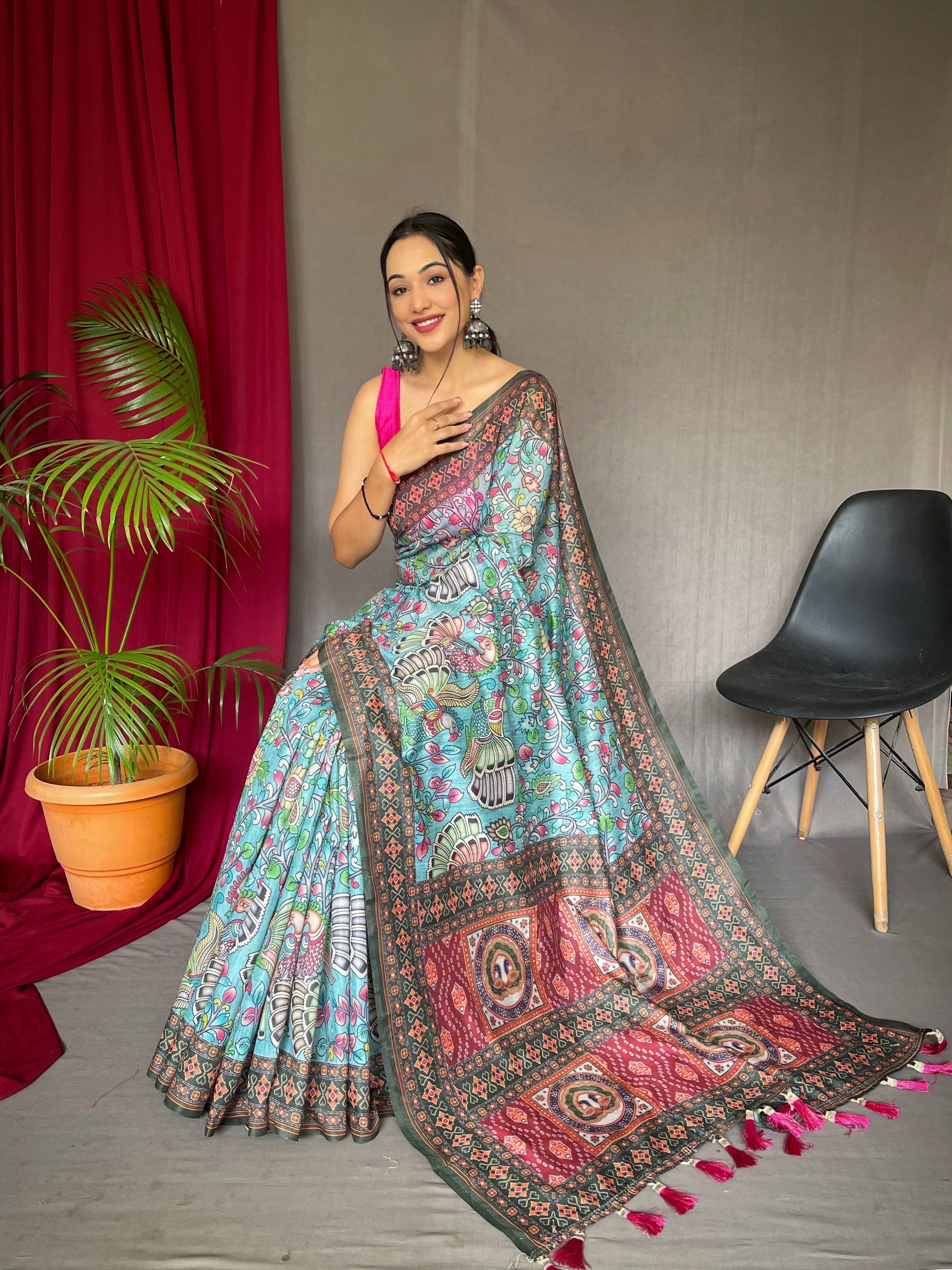 1 Min Ready to Wear Cotton Bandhani Kalamkari Printed Saree Light Blue