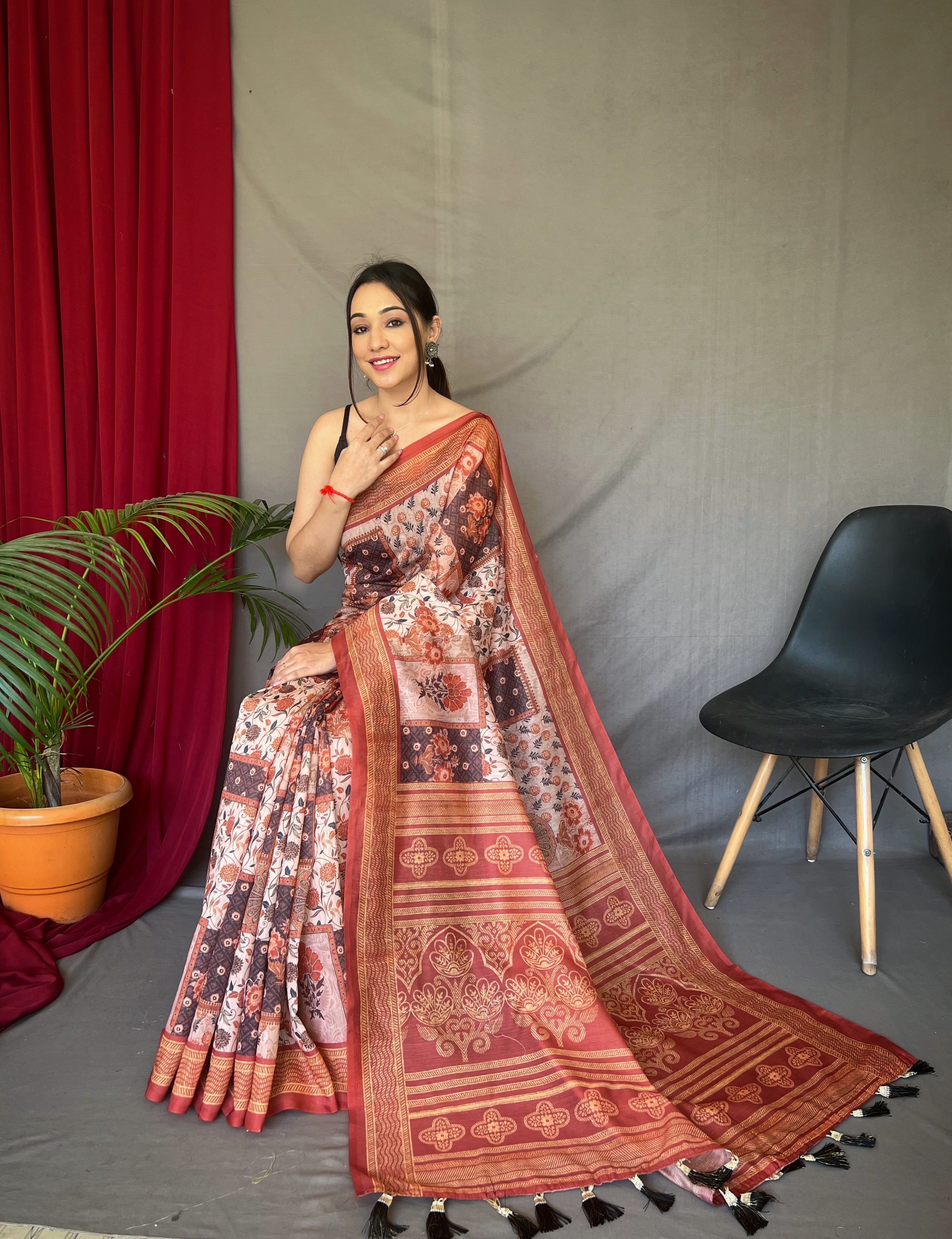 One Minute Ready to Wear Light Brown Ajrakh Carpet Silk Cotton Printed Saree