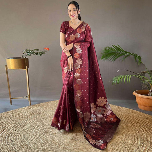 Axshita Maroon Banarasi Saree With Mesmorising Blouse Piece Attached