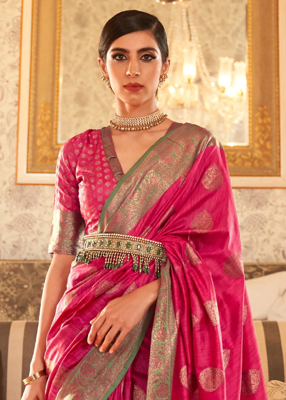 Dark Pink Keri Kanjivaram Silk Saree