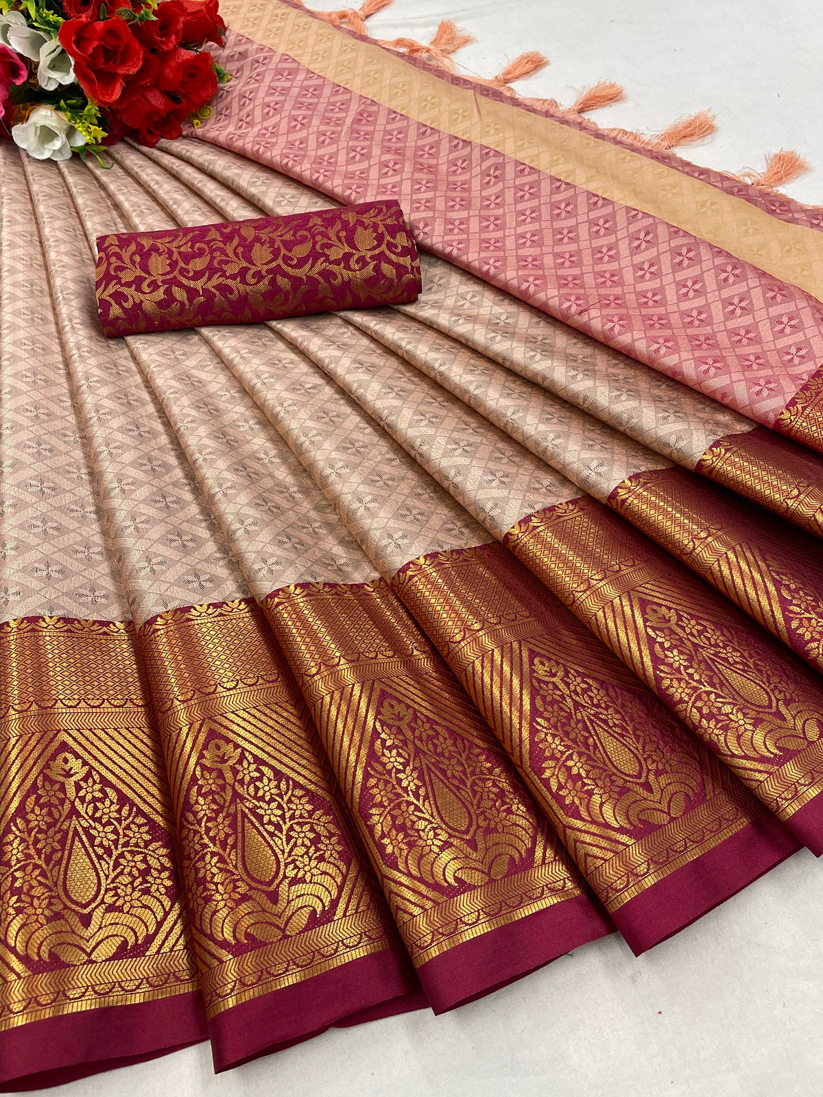 Heta Peach Red Cotton Silk Sarees