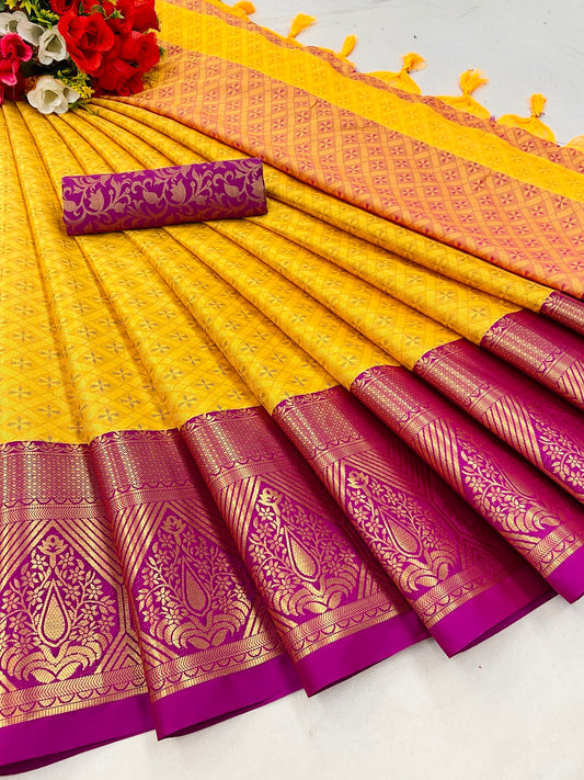 Heta Yellow Dark Pink Cotton Silk Sarees