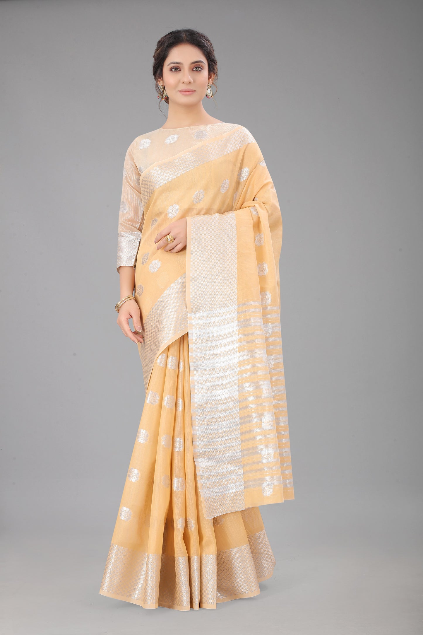 Mochachiku-Colored Cotton Silk Saree Set Complete with Matching Blouse