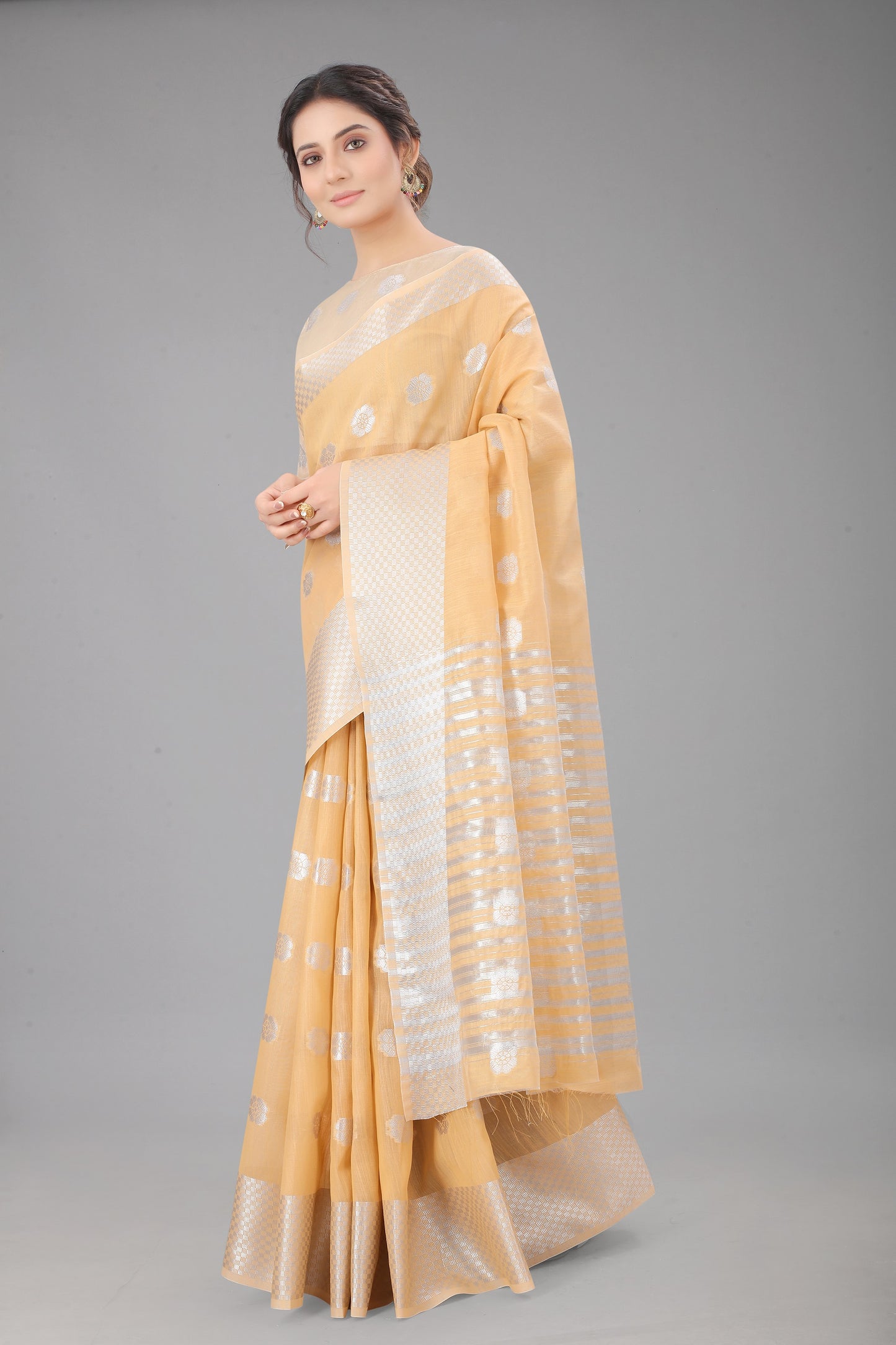 Mochachiku-Colored Cotton Silk Saree Set Complete with Matching Blouse