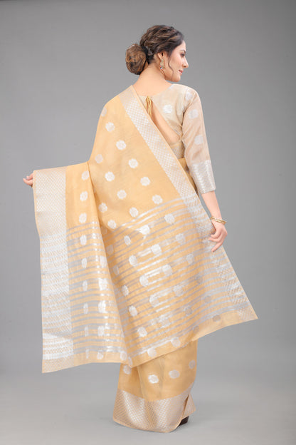 Mochachiku-Colored Cotton Silk Saree Set Complete with Matching Blouse