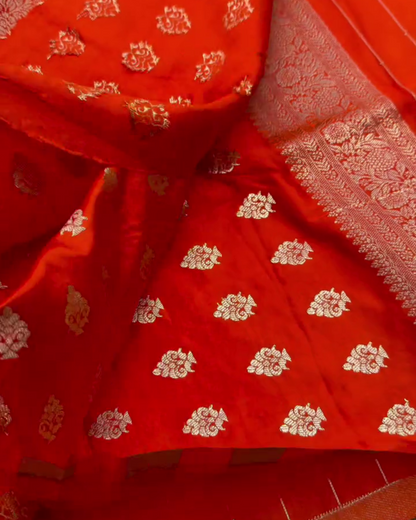 Mrinalika – Red Banarasi Mashru Satin Silk Saree with Zari Buta Weaving