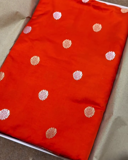 Mrinalika – Red Banarasi Mashru Satin Silk Saree with Zari Buta Weaving