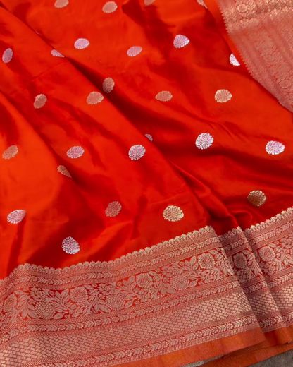 Mrinalika – Red Banarasi Mashru Satin Silk Saree with Zari Buta Weaving