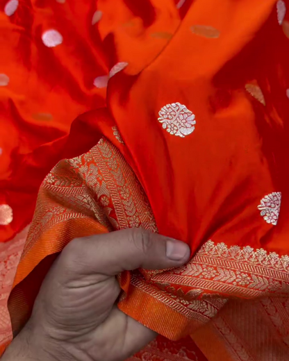 Mrinalika – Red Banarasi Mashru Satin Silk Saree with Zari Buta Weaving