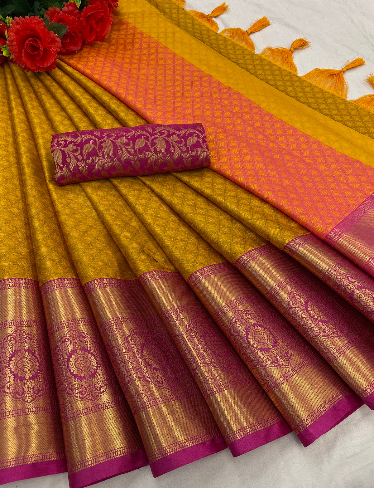 Mayra Yellow Pink Cotton Silk Sarees