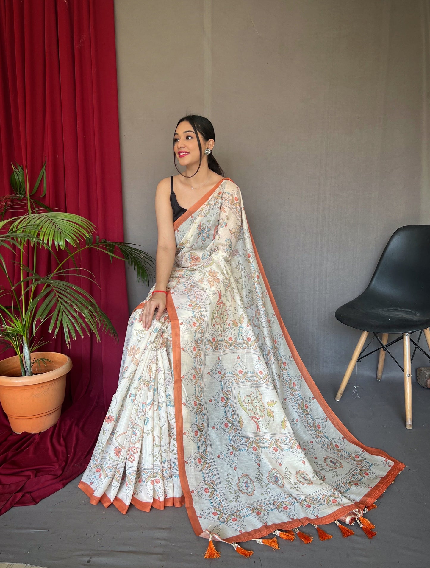 1 Min Ready to Wear Orange Cotton Katha Printed Saree