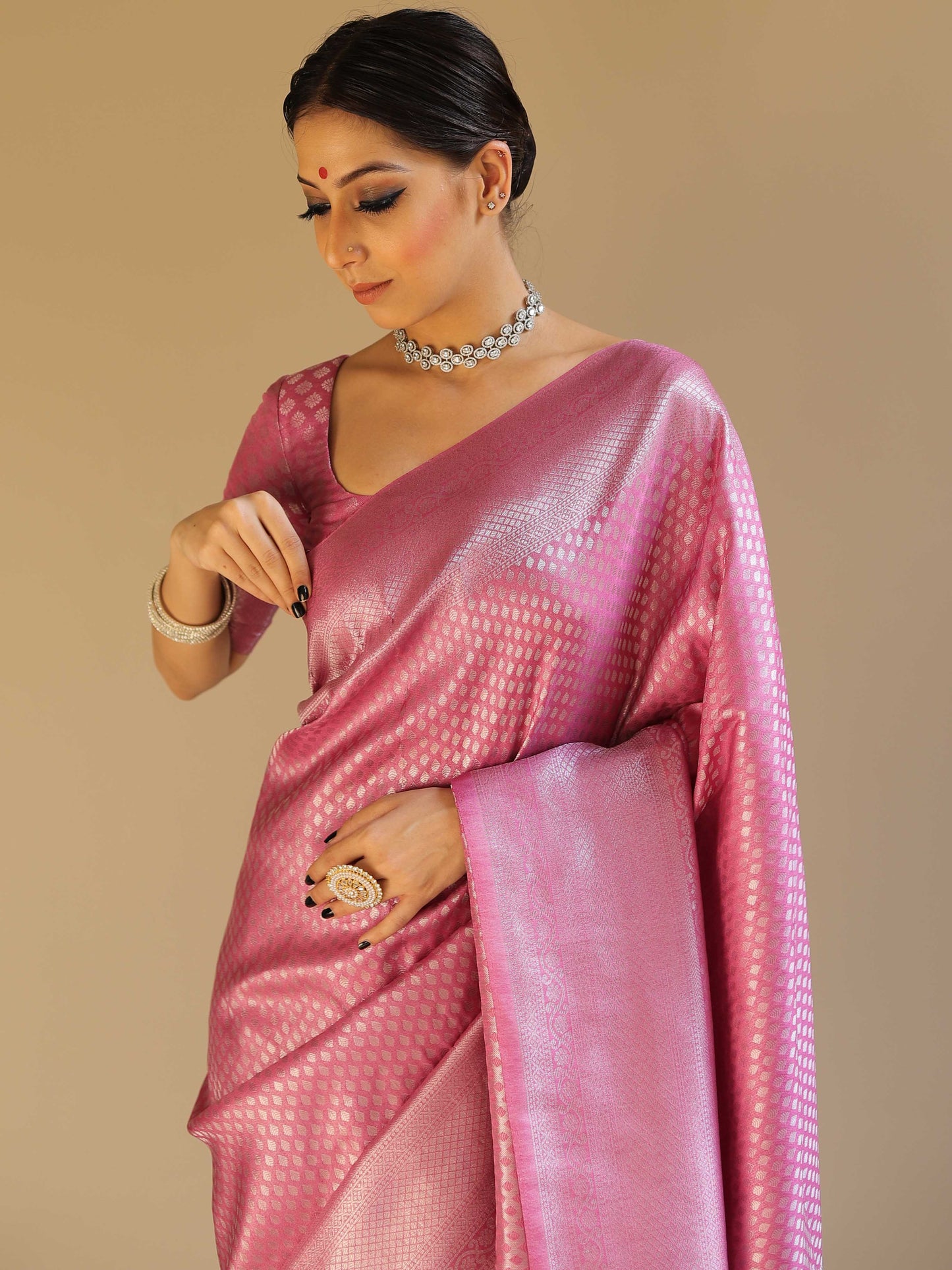 Knyaa's PC2 Onion Pink Banarasi SIlk Saree With Nouveau Attached Blouse