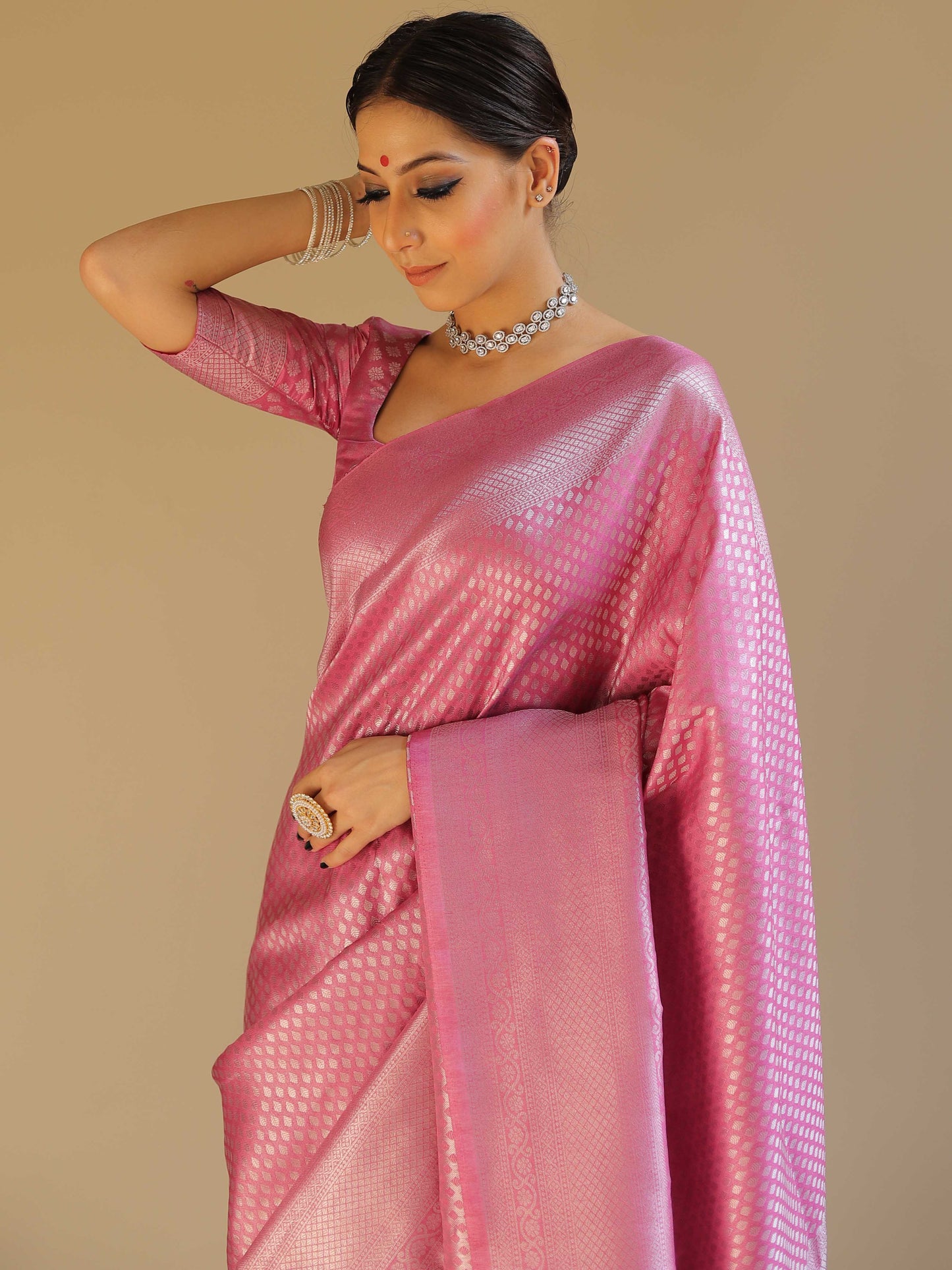 Knyaa's PC2 Onion Pink Banarasi SIlk Saree With Nouveau Attached Blouse