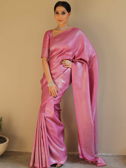 Knyaa's PC2 Onion Pink Banarasi SIlk Saree With Nouveau Attached Blouse