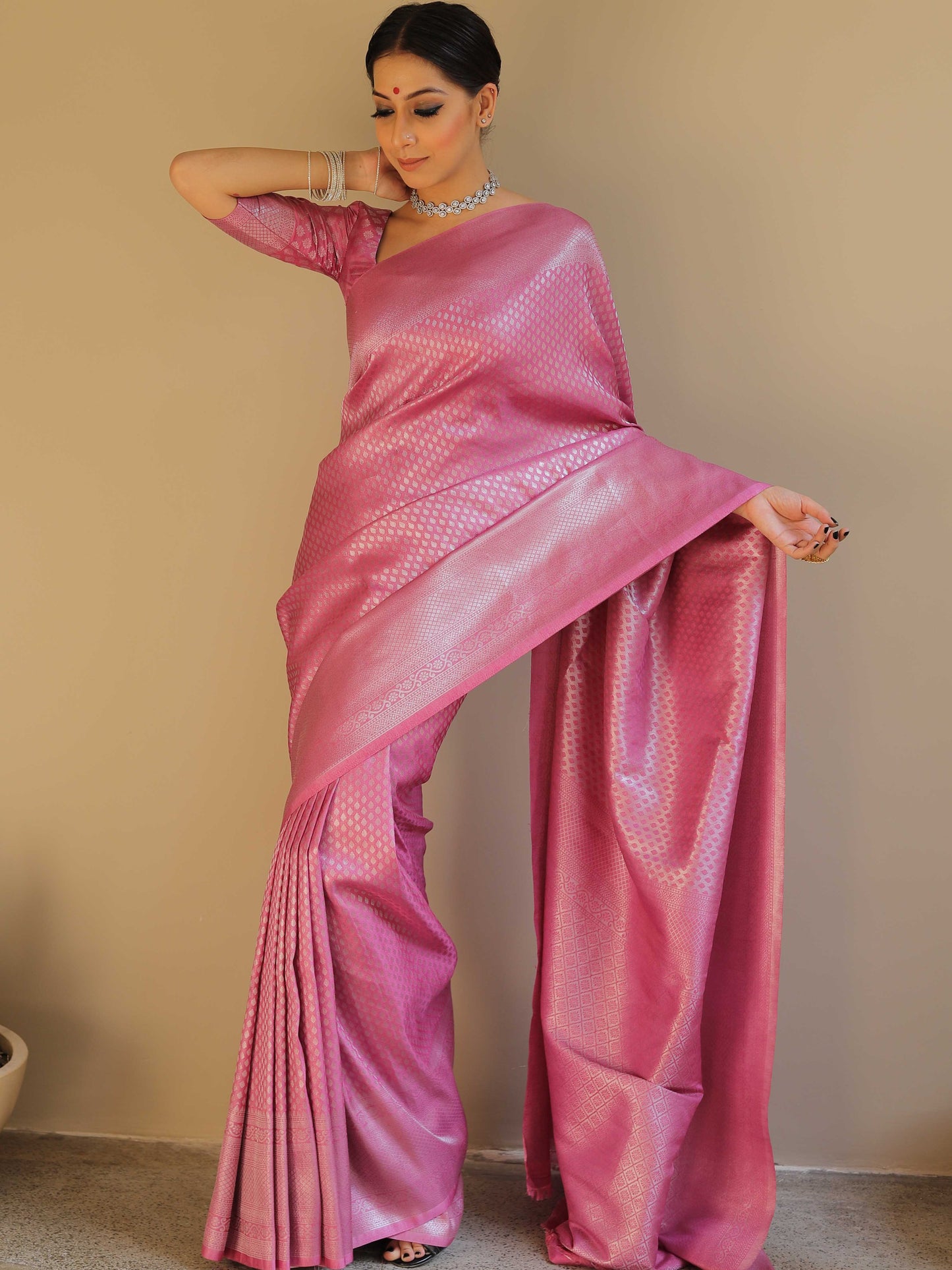 Knyaa's PC2 Onion Pink Banarasi SIlk Saree With Nouveau Attached Blouse