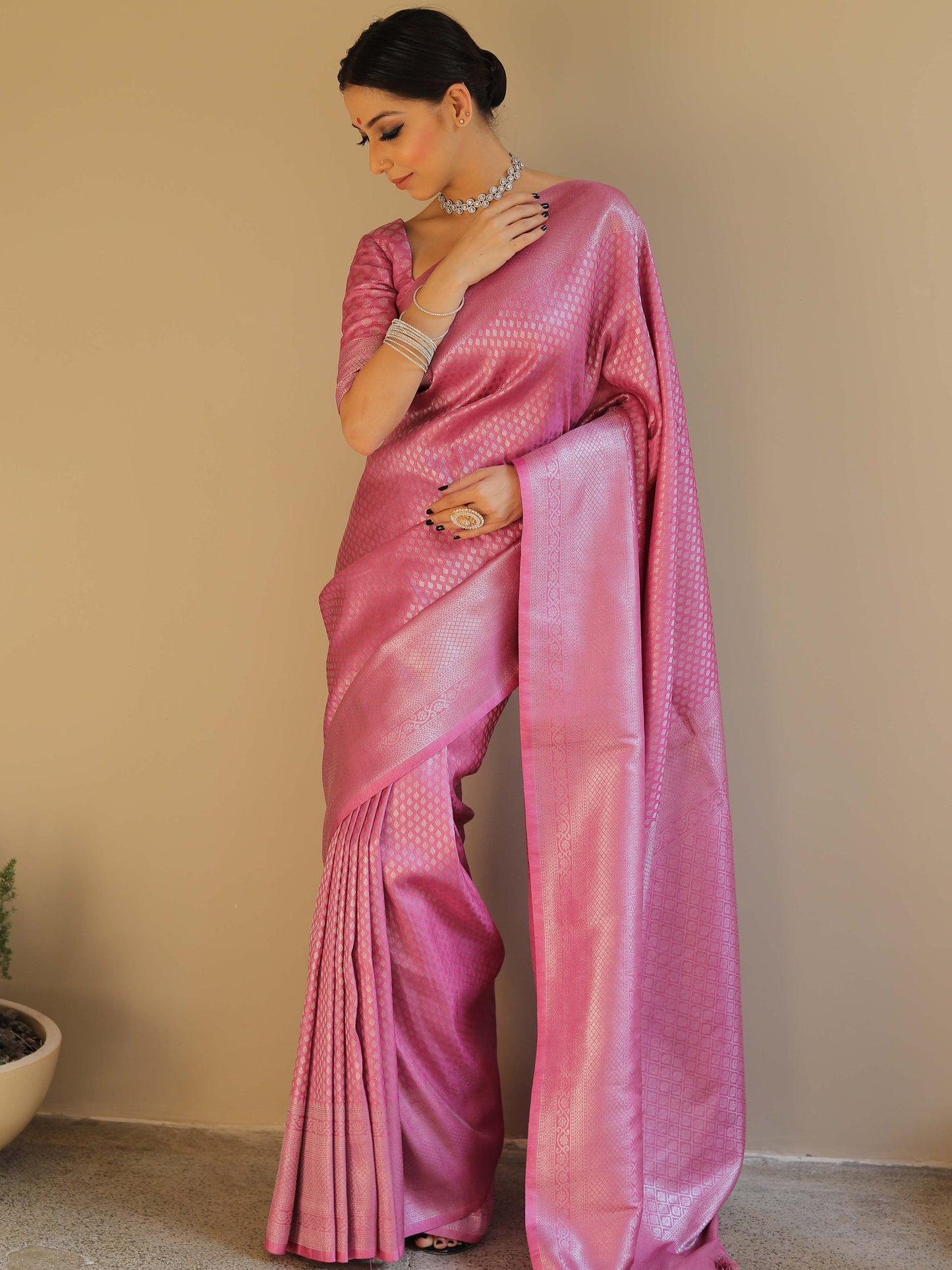 Knyaa's PC2 Onion Pink Banarasi SIlk Saree With Nouveau Attached Blouse