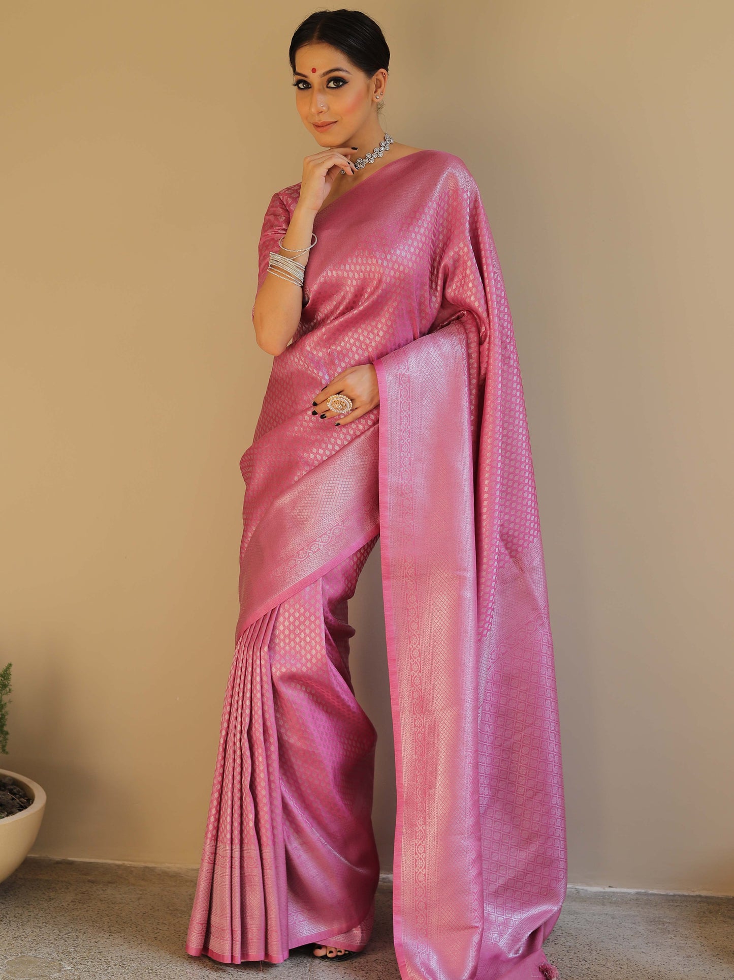 Knyaa's PC2 Onion Pink Banarasi SIlk Saree With Nouveau Attached Blouse