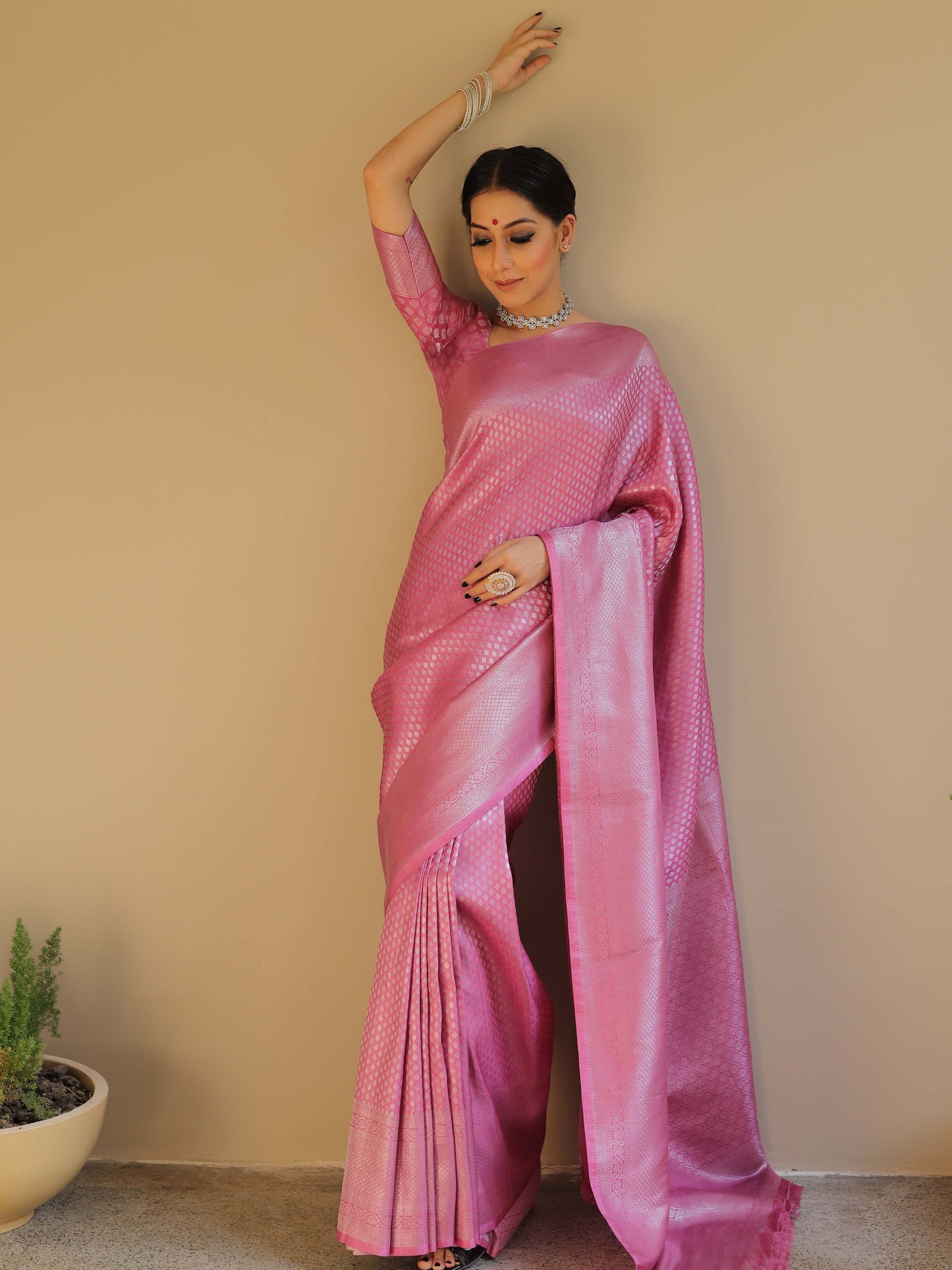 Knyaa's PC2 Onion Pink Banarasi SIlk Saree With Nouveau Attached Blouse