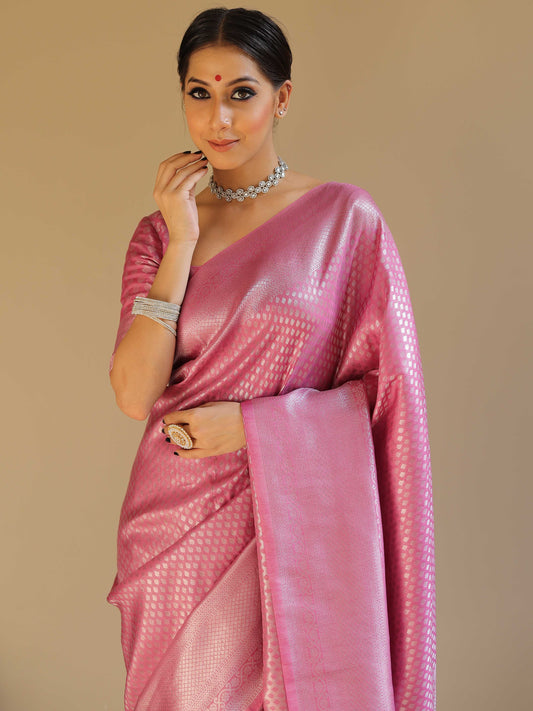 Knyaa's PC2 Onion Pink Banarasi SIlk Saree With Nouveau Attached Blouse