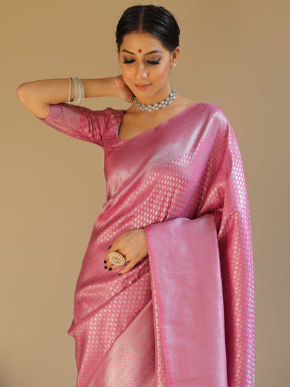 Knyaa's PC2 Onion Pink Banarasi SIlk Saree With Nouveau Attached Blouse