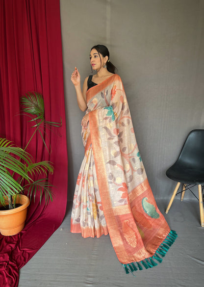 1 MIN Ready To Wear Vaibhavi Pure Chanderi Banarasi Silk Saree Peach