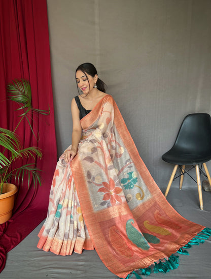 1 MIN Ready To Wear Vaibhavi Pure Chanderi Banarasi Silk Saree Peach