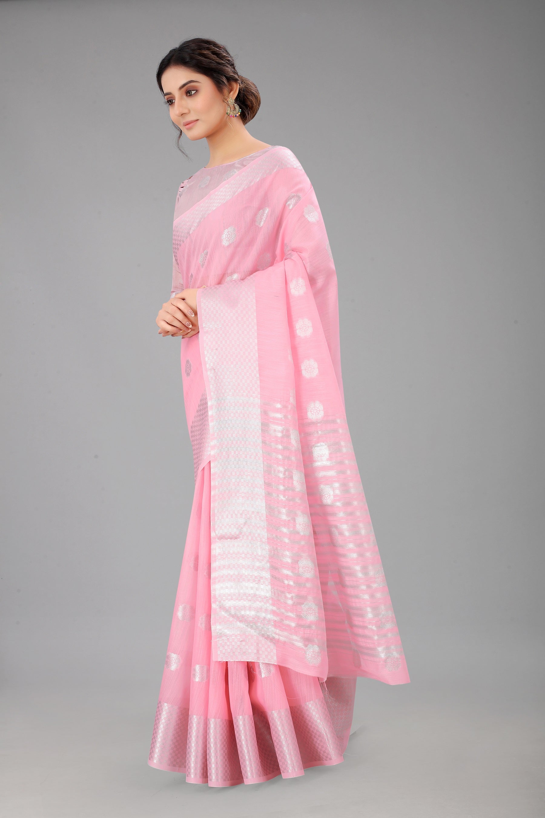 PeonyPink-Colored Cotton Silk Saree Set Complete with Matching Blouse