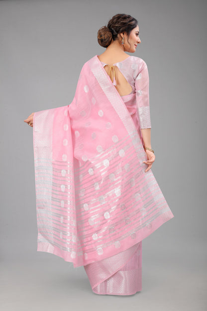 PeonyPink-Colored Cotton Silk Saree Set Complete with Matching Blouse