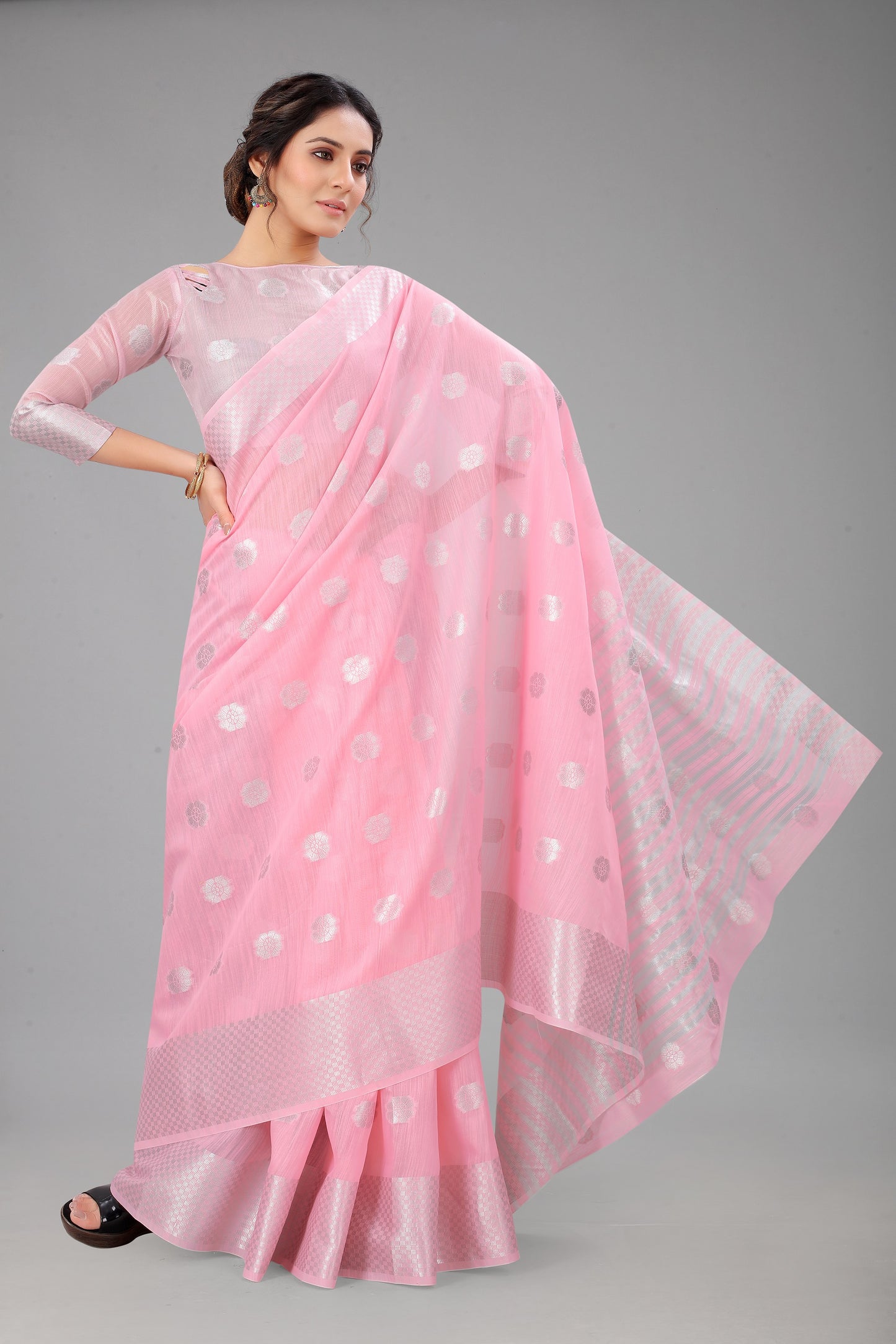 PeonyPink-Colored Cotton Silk Saree Set Complete with Matching Blouse