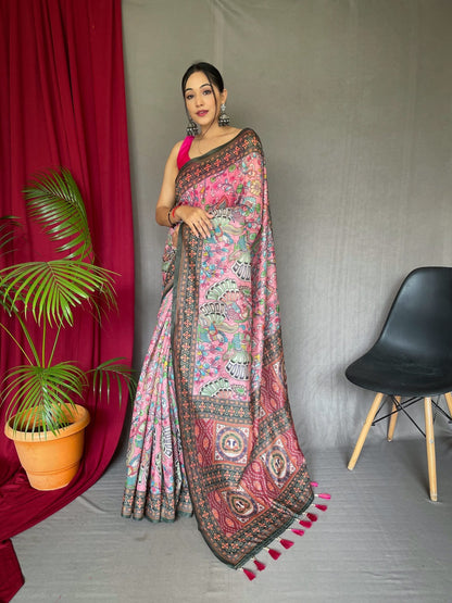 One Minute Ready to Wear Cotton Bandhani Kalamkari Printed Saree Pink