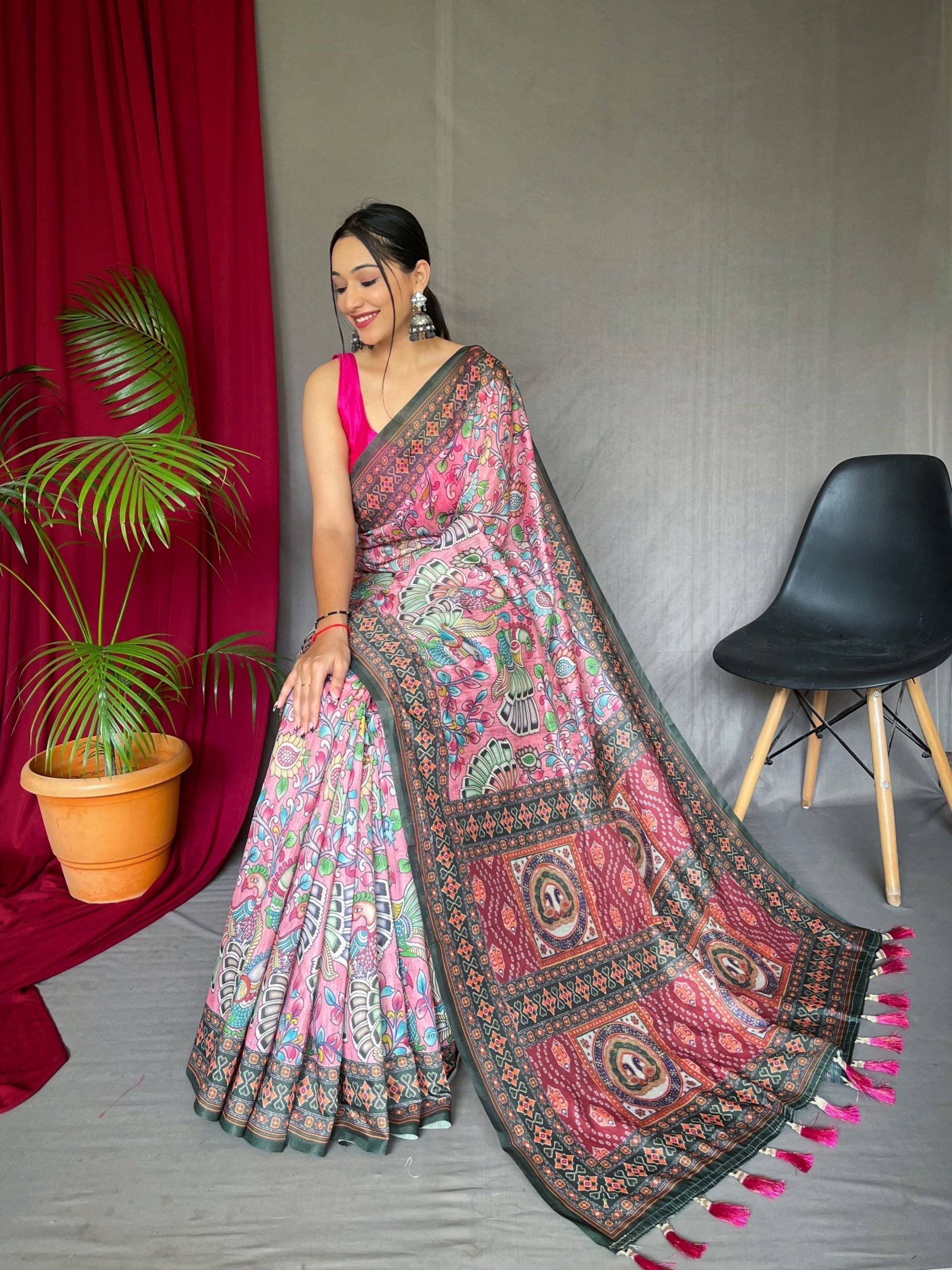 One Minute Ready to Wear Cotton Bandhani Kalamkari Printed Saree Pink