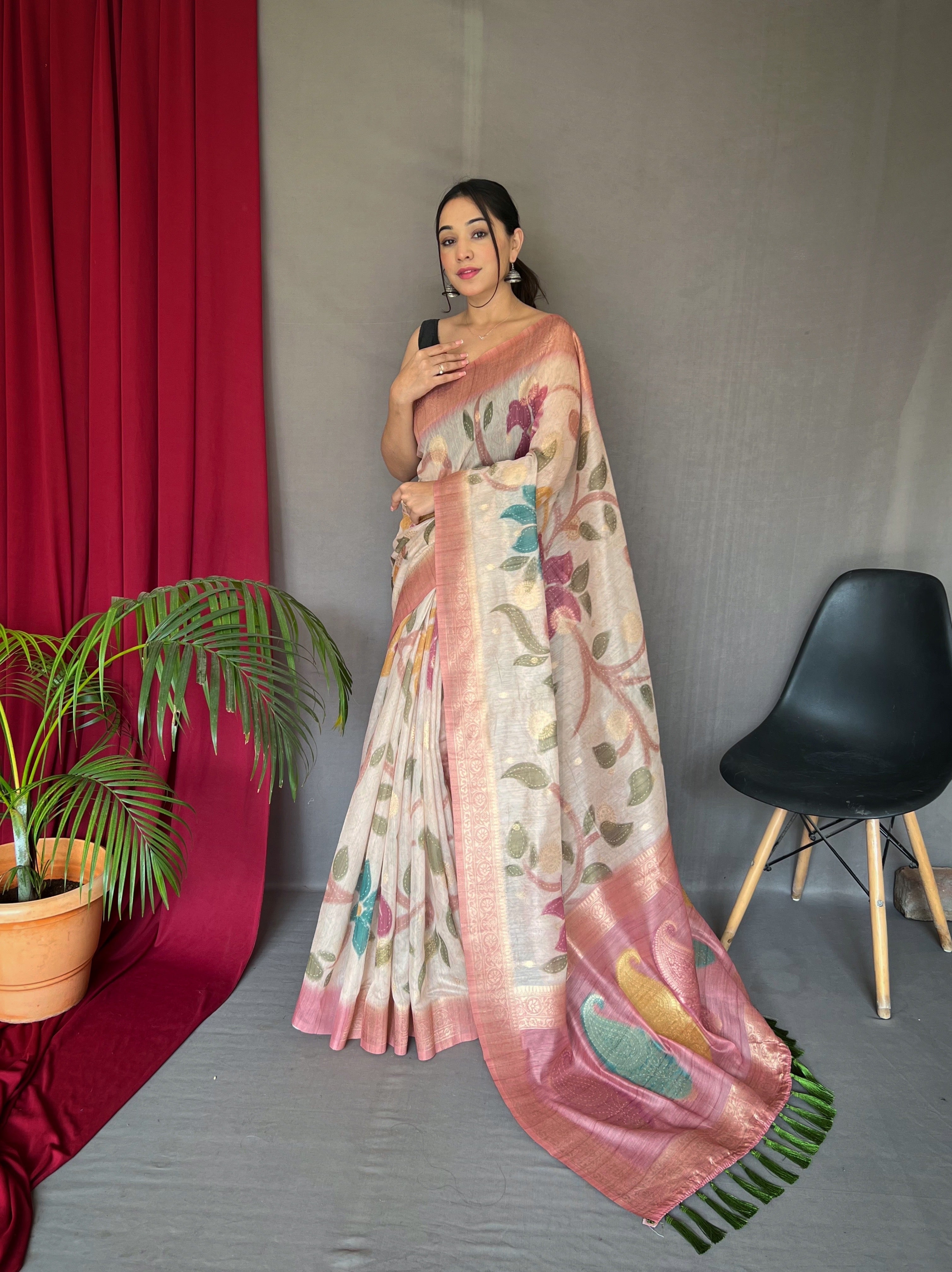 1 MIN Ready To Wear Vaibhavi Pure Chanderi Banarasi Silk Saree Pink