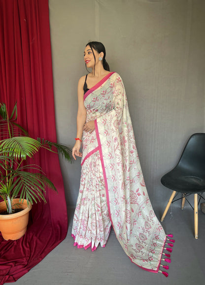 1 Min Ready to Wear Pink Cotton Katha Printed Saree