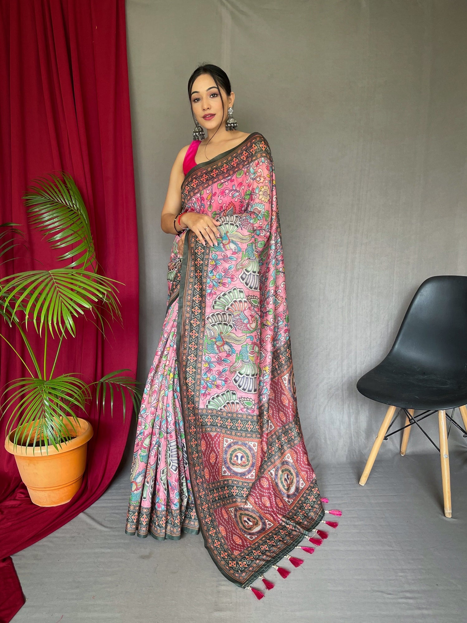 1 Min Ready to Wear Cotton Bandhani Kalamkari Printed Saree Pink