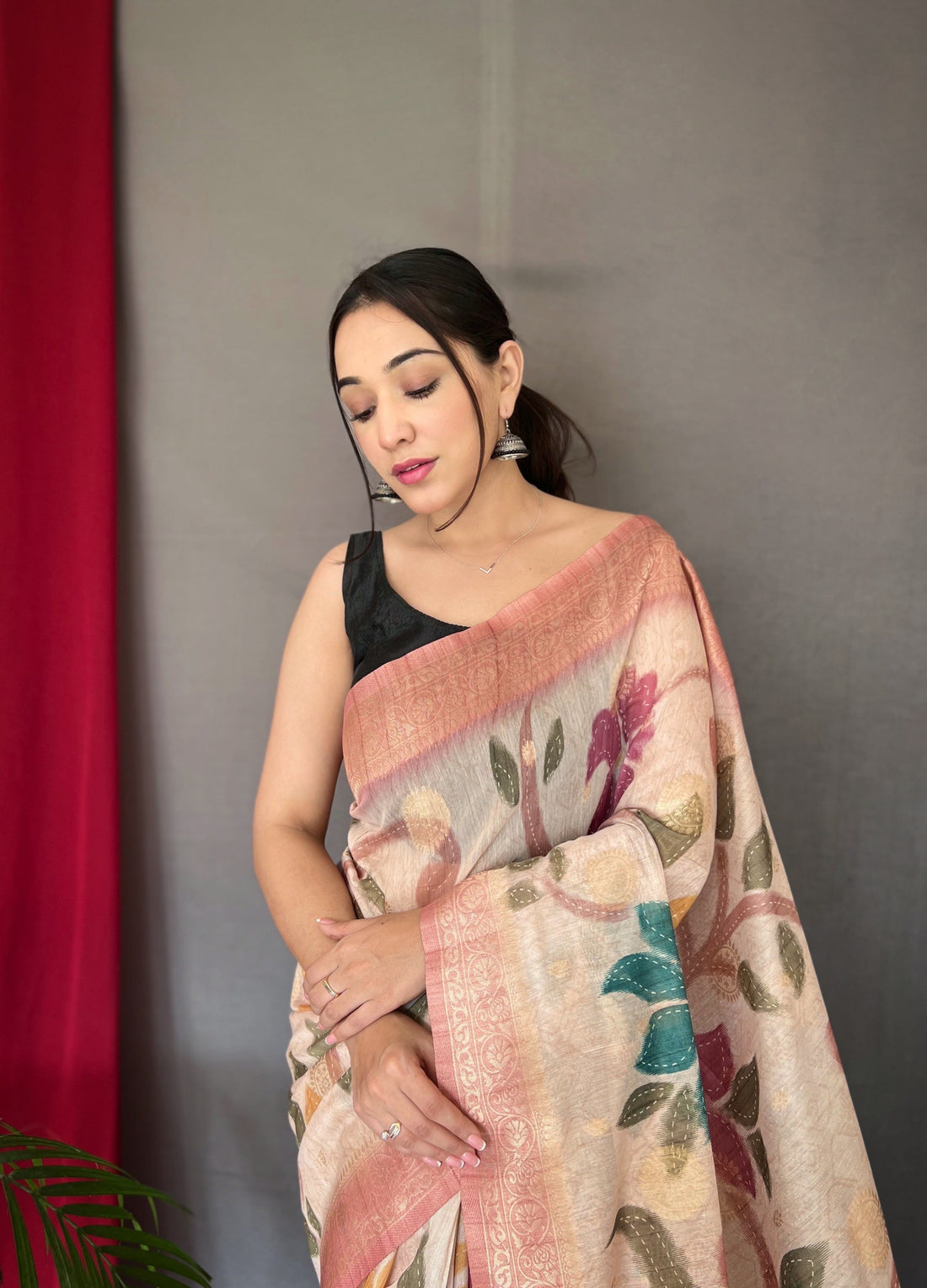 1 MIN Ready To Wear Vaibhavi Pure Chanderi Banarasi Silk Saree Pink