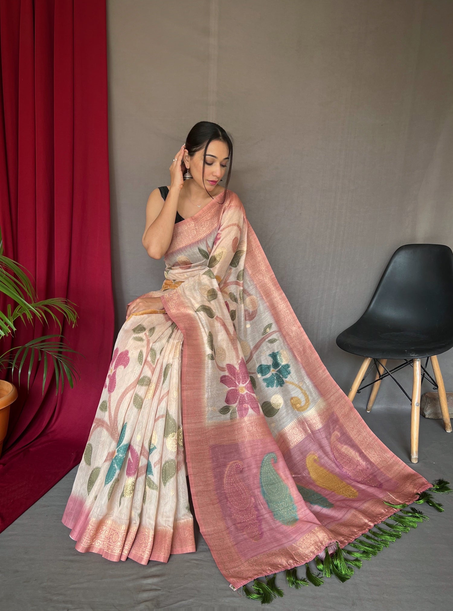 1 MIN Ready To Wear Vaibhavi Pure Chanderi Banarasi Silk Saree Pink