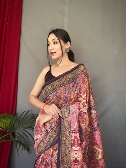 One Minute Ready to Wear Pink Brown Ajrakh Carpet Silk Cotton Printed Saree