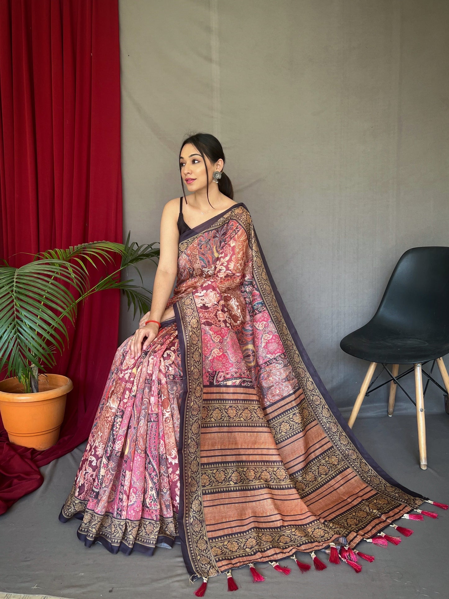 One Minute Ready to Wear Pink Brown Ajrakh Carpet Silk Cotton Printed Saree