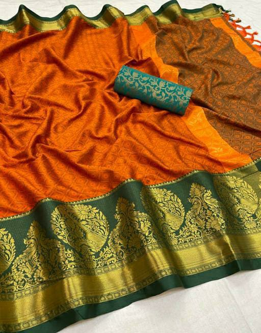 Zoya Orange Green Cotton Silk Sarees